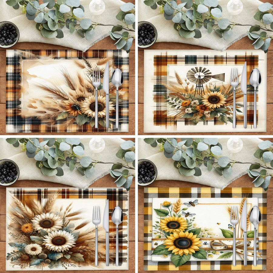 1 pieza/4 piezas/6 piezas Manteles individuales de lino con estampado de girasol, adecuados para mesa de comedor, decoración para todas las estaciones, manteles de mesa lavables modernos, decoración de habitación, posavasos, manteles de cocina y comedor, decoración de fiesta interior y exterior, decoración del hogar, regalo ideal