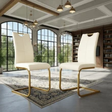 MH Global Modern Pu Leather Dining Chair Set With Golden C-Shaped Metal Legs Set Of 2 Set Of 4 Set Of 6 - Two Beige Chairs With Gold Legs - View 1
