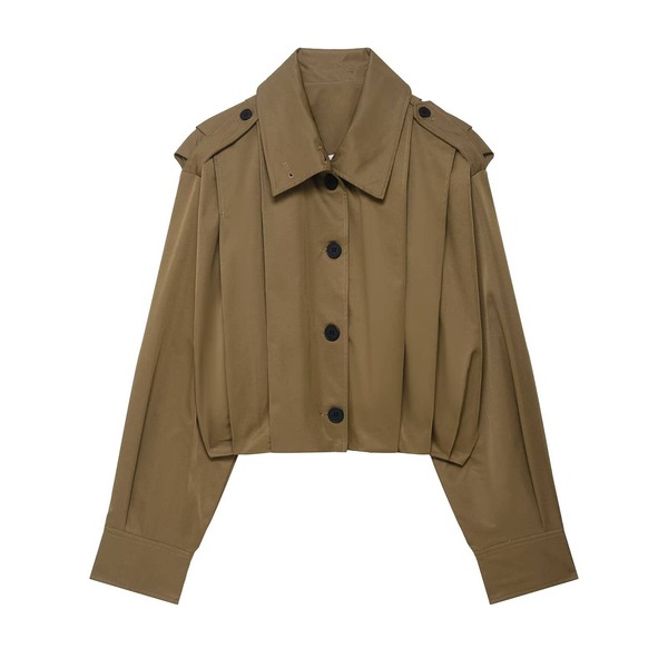 Women's Pleated Design Coat, High Neck Button Down Top, Casual Everyday Outerwear For Spring And Fall