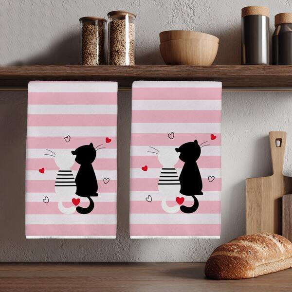 2pcs Pink Striped Black & White Cat Couple Pattern Kitchen Towels, 40*60cm Soft Microfiber Material, Suitable For Home, Kitchen, Restaurant, Outdoor Camping, Tabletop Cleaning, Dish Washing, Valentine's Day Gift