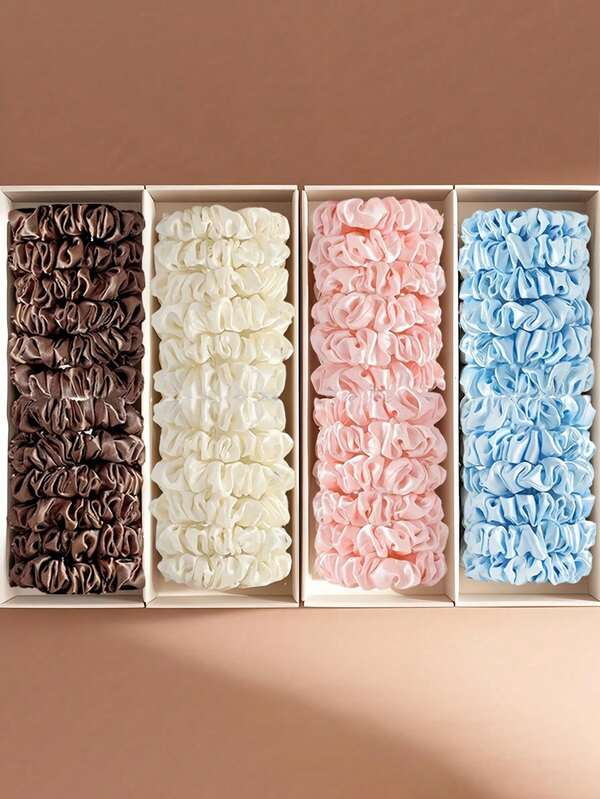 8/20 piezas Coleteros de satén clásicos en color blanco, rosa, café. Bandas elásticas de unicolor frescas para coleta, moño, suaves, elásticas, gentiles con la cabellera. Accesorios de cabello coloridos y brillantes, adecuados para elevar el aspecto de fiestas, accesorios de viaje y peinados diarios.