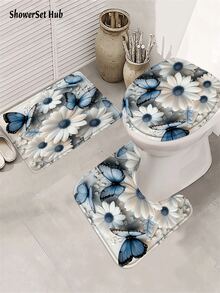 1/3/4件套蓝色蝴蝶和白色雏菊浴帘浴室套装，优雅花卉图案，防水耐磨，浴室装饰及配件，含12个挂钩 - 包括马桶盖套、浴垫和地毯，涤纶面料 - 可水洗 - 非常适合节日装饰、家居/卧室/住宅/西式/冬季装饰 - 彩色 - 查看 7