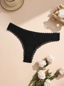 4条装彩色浪漫蕾丝拼接罗纹女士丁字裤，带可爱蝴蝶结，舒适棉质弹力女士内裤 - 彩色 - 查看 9