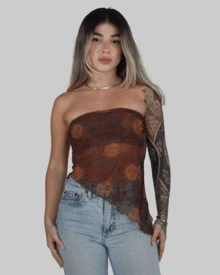 Women's Basic Translucent Tropical Floral Cropped Tube Top With Transparent Tulle, Strapless, Summer Style, Lining, Aitona - VŨ TRỤ - Xem 1