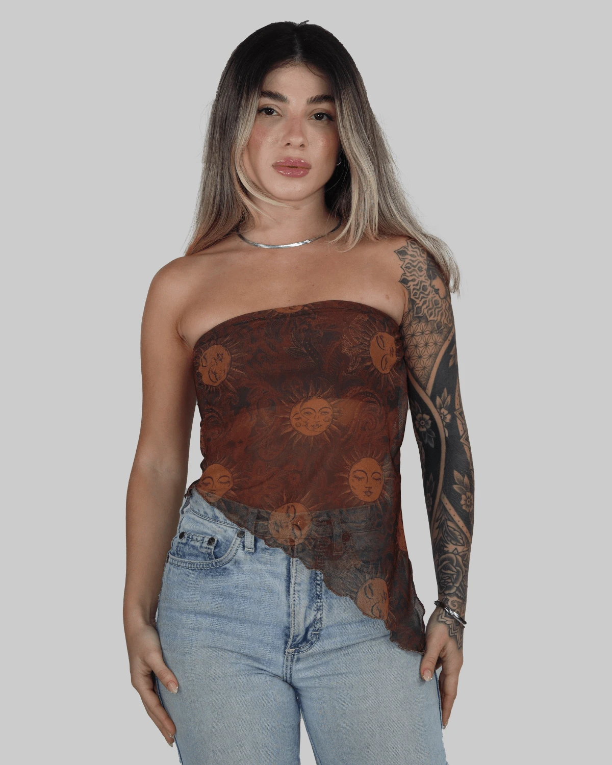 Women's Basic Translucent Tropical Floral Cropped Tube Top With Transparent Tulle, Strapless, Summer Style, Lining, Aitona - VŨ TRỤ - Xem 1