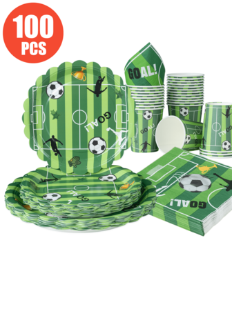 25pcs Football-Themed Disposable Plates, Napkins And Cups Set - Green Background Floral Design, Suitable For 25 Guests, One-Time Use Paper Plates Party Supplies For Birthday, Wedding, Party, Family Picnic