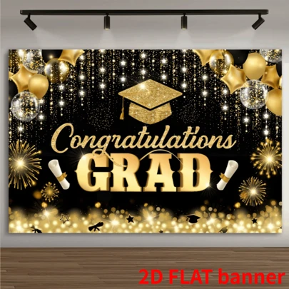 2d Flat, 8x6-Foot Graduation Cap Background Banner, Elegant Gold And Black Theme Spotlight Background, Balloon And Graduation Certificate Design, Suitable For Indoor And Outdoor Party Decoration