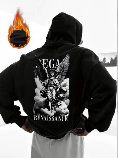 男士复古休闲文艺复兴天使印花连帽卫衣，秋冬季，2000年代风格，长袖上衣