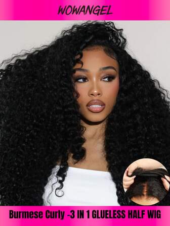 WOWANGEL Burmese Curly Half Wigs Human Hair 200% Density Curly 3 In 1 Half Wigs With Drawstring For Women Water Wave Glueless Wig Human Hair With Spiral End 14-24INCH