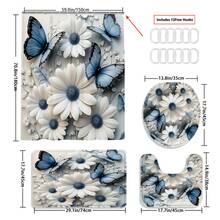 1/3/4件套蓝色蝴蝶和白色雏菊浴帘浴室套装，优雅花卉图案，防水耐磨，浴室装饰及配件，含12个挂钩 - 包括马桶盖套、浴垫和地毯，涤纶面料 - 可水洗 - 非常适合节日装饰、家居/卧室/住宅/西式/冬季装饰 - 彩色 - 查看 15