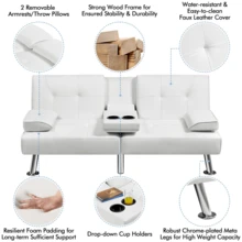 Butterslay 1PC 3-In-1 Faux Leather Convertible Sofa Bed Futon Ergonomic Adjustable Cup Holders Drop-Down Table Throw Pillows Space-Saving 772lb Capacity For Living Room Bedroom Guest Room, White/Gray/Espresso/Brown/Black - 白色 - 查看 3