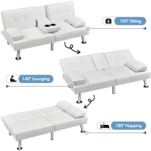Butterslay 1PC 3-In-1 Faux Leather Convertible Sofa Bed Futon Ergonomic Adjustable Cup Holders Drop-Down Table Throw Pillows Space-Saving 772lb Capacity For Living Room Bedroom Guest Room, White/Gray/Espresso/Brown/Black - 白色 - 查看 2