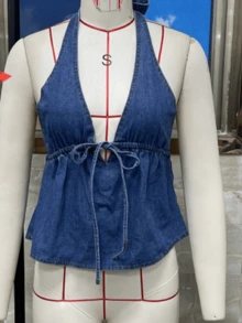 Women's Summer Denim Vest Tank Tops Solid Color Sleeveless V-Neck Vest Fashion Waistcoat Jean Top - Màu xanh lam - Xem 3