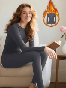 1 Set Women Grey Turtleneck Thermal Underwear Set, Fashionable Design, Slim Fit, Warm & Comfortable, Elastic, Autumn/Winter Gift