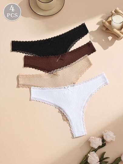 4 piezas de bragas tipo tanga para mujer con parches de encaje romántico de colores mezclados, con lazos lindos, ropa interior de mujer cómoda y elástica de algodón