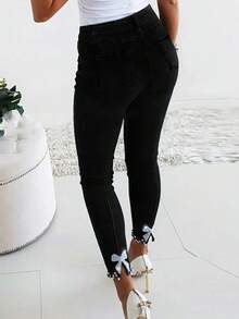 Women's & Youthful Rhinestone Embellished Skinny Fit Jeans - Black - View 2