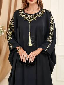 Turkish Long Gown Dress, Elegant Crew Collar Batwing Sleeve Dress, Women's Wear - Black - View 4