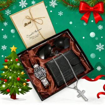 男士圣诞奢华礼盒套装：多功能腕表 + 时尚黑色真皮钱包 + 时尚太阳镜 + 闪亮十字架项链 + 贺卡。这款专属奢华圣诞礼盒，尽显您精致优雅的品味。
