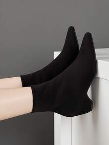 Round Toe High Heel Side Zipper Short Boots, Women Fashion Ankle Boots - Black - View 1