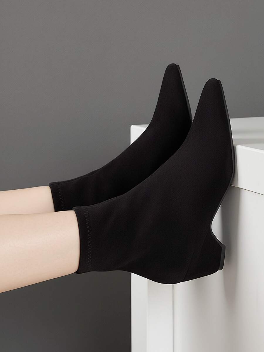 Round Toe High Heel Side Zipper Short Boots, Women Fashion Ankle Boots - Black - View 1