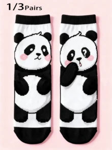 1/3 Pairs Women/Unisex Playful Panda Pattern Interesting Personalized Cartoon Cute Mid-Calf Socks, Comfortable & Durable, Colorful, Suitable For Daily Wear, All Seasons - Multicolor - View 1