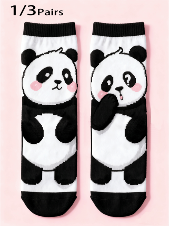 1/3 Pairs Women/Unisex Playful Panda Pattern Interesting Personalized Cartoon Cute Mid-Calf Socks, Comfortable & Durable, Colorful, Suitable For Daily Wear, All Seasons