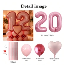 Juego de 43 piezas de columnas con globos con números en rosa, que incluye globos de papel de aluminio con números rosas de 32 pulgadas (81,28 cm), globos de látex redondos de color rosa macaron y rojo metálico, adecuado para decoración de aniversario, cumpleaños, nupcial, boda, graduación, vacaciones, fiesta