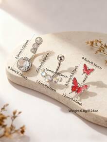 3pcs Women's Sexy Fashion Cubic Zirconia Butterfly Navel Rings, Suitable For Beach, Party, Holiday Themed Outfits And Personal Style Occasions