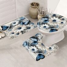 1/3/4件套蓝色蝴蝶和白色雏菊浴帘浴室套装，优雅花卉图案，防水耐磨，浴室装饰及配件，含12个挂钩 - 包括马桶盖套、浴垫和地毯，涤纶面料 - 可水洗 - 非常适合节日装饰、家居/卧室/住宅/西式/冬季装饰 - 彩色 - 查看 14
