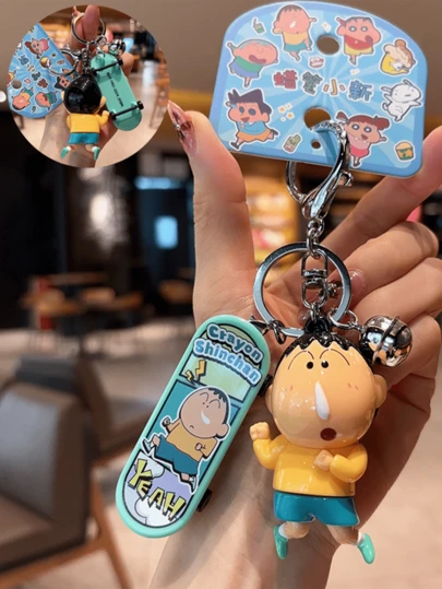 Crayon Shin-chan Skateboard Series Keychain - Kawaii Cartoon Key Ring with Bell & Skateboard Detail, Decorative Accessory for Bags/Keys, Cute Novelty Item for Anime Fans & Girls, Suitable for Daily Use/Gifts, Stylish Japanese Mangam, p