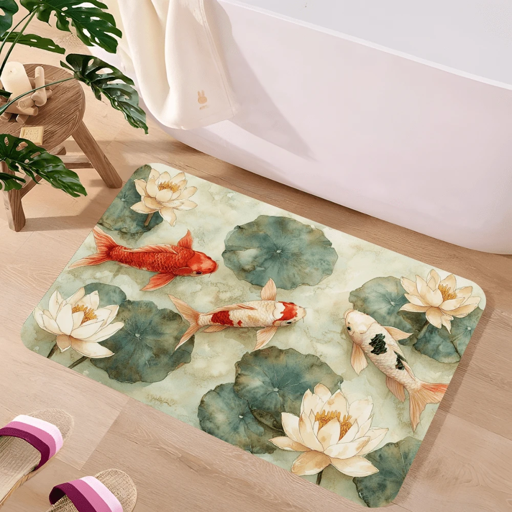 Waterproof Diatomaceous Earth Bath Mat With Colorful Koi Fish And Lotus Design, Quick Absorbent, Non Slip, Soft Decorative Floor Rug For Home Bathroom - 白色 - 查看 1