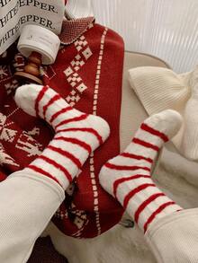 1/2 Paare, warm und bequem im Winter, rote Streifen, super weich und ultra weich, Neujahrs rote Socken, hergestellt aus Acryl- und Nylongewebe, sehr weich und bequem, geeignet für Männer und Frauen. - Rot-Weiß - Übersicht 6