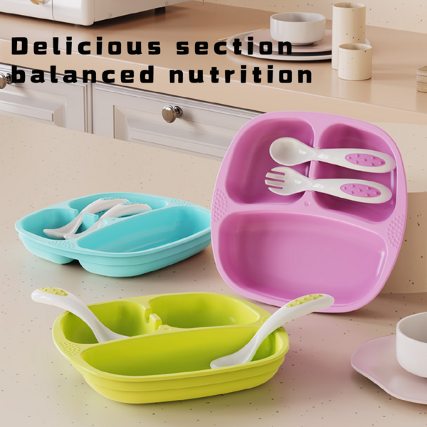 3pcs/Set Divided Plate, Baby Food Training Tableware Set, Fork & Spoon Plate Set, Suitable For Daily Use