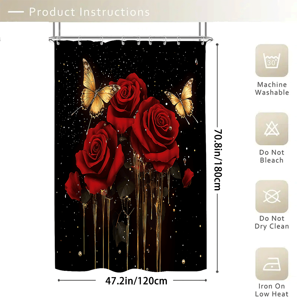Valentine's Day Decorations1/3/4pcs Red Rose & Golden Butterfly Shower Curtain Bathroom Set,Romantic Black Starry Skywaterproof And Wear-Resistant Bathroom Decor And Accessories,With 12 Hooks - Includes Toilet Seat Cover, Bath Mats, And Rugs Polyester Fabric - Washable - Perfect For Holiday Decor,Home/Bedroom/House/Western/Winter Decor - Multicolor - View 15