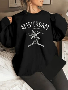 Amsterdam Windmill & Dutch Flag Print Sweatshirt - (2) - 黑色 - 查看 1