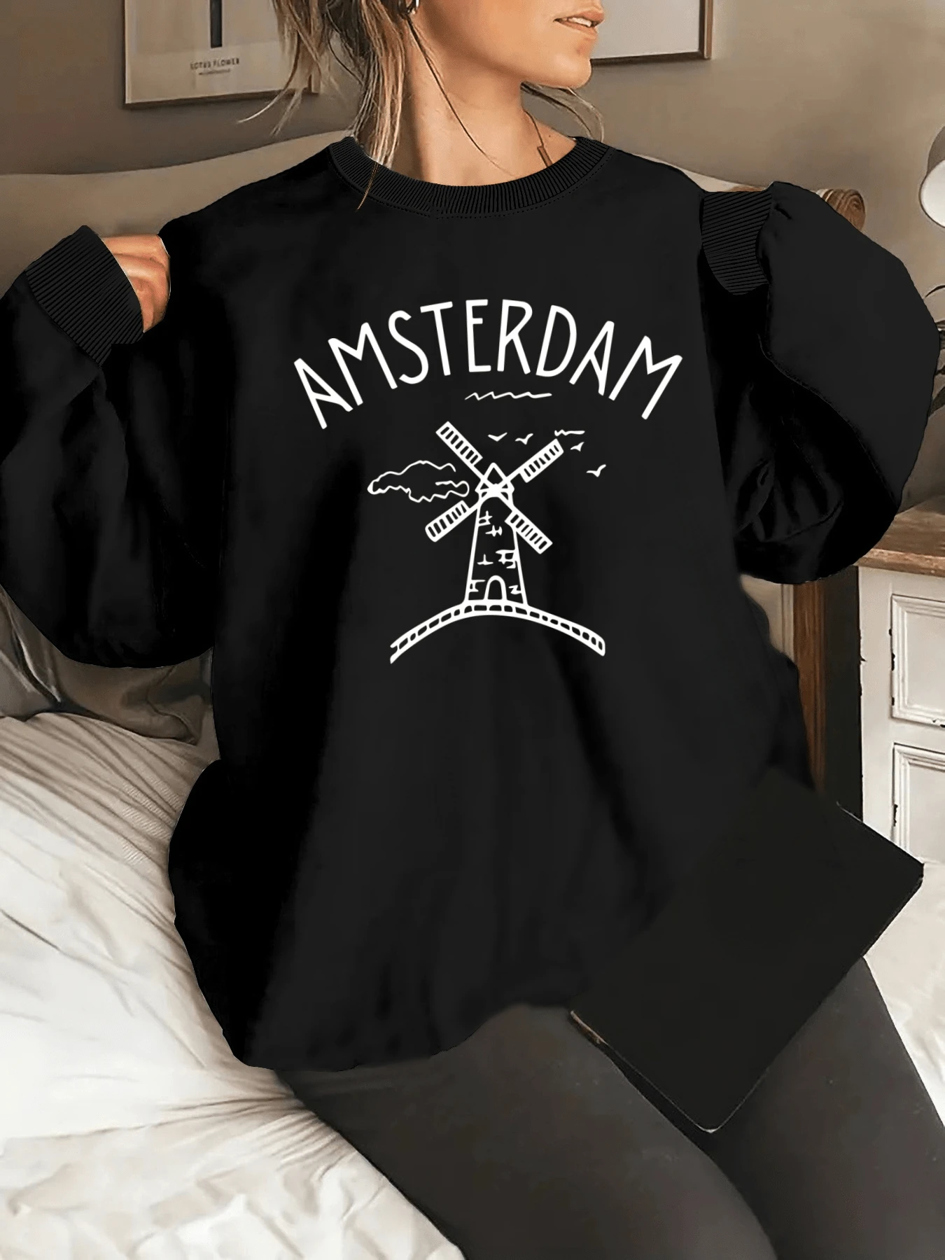 Amsterdam Windmill & Dutch Flag Print Sweatshirt - (2) - 黑色 - 查看 1