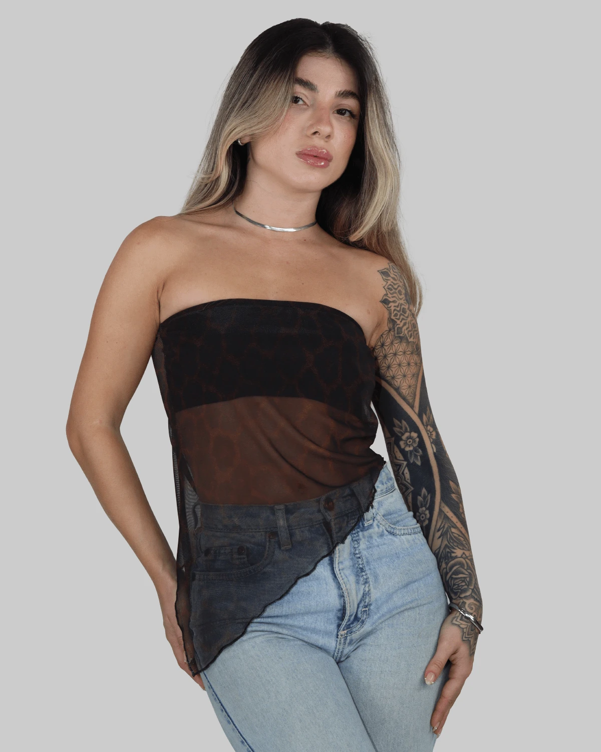 Women's Basic Translucent Tropical Floral Cropped Tube Top With Transparent Tulle, Strapless, Summer Style, Lining, Aitona - LEOPARD - View 1