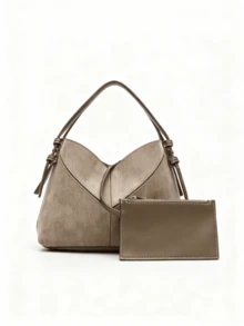 母女款包包套装，采用V字形拼接缝线设计——一款时尚女士手提包，尽显简约高端质感。这款多功能复古单肩斜挎包配有长肩带，是通勤包的理想之选。 - 棕色 - 查看 3