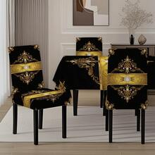 5-Piece/7-Piece Chair Cover And Tablecloth Set - Black And Gold Imperial Luxury Series - Baroque Pearl And Diamond Decorated Tablecloth And Chair Cover Set - Retro Luxury Home Textile Set; Rectangular Table And Chair Decoration, Elastic And Comfortable, Detachable For Washing, Suitable For Home And Party Decoration, Event Planning, Holiday Table Setting, Elegant Decoration, Flower Design, Detachable Cover, Comfortable Fit, Rectangular Tablecloth, Party Planner, Event Planner Elastic Tablecloth Set, Suitable For Dining Room, Living Room, Kitchen, Home Decoration. - 彩色 - 查看 6