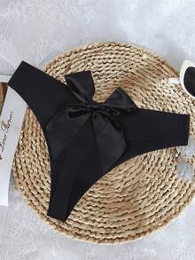 Plus Sexy Elastic Bow Decor Thong - Black - View 2