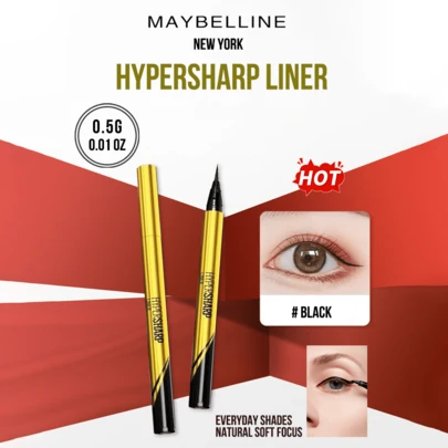 Maybelline Bút kẻ mắt nước HYPERSHARP #BLACK 0.5G/0.01OZ, 0.005MM Đầu bút siêu mảnh cho đường kẻ chính xác và tự do, không lem suốt cả ngày, 5 chiết xuất tự nhiên (Bơ/Oải hương/Tầm xuân/Cúc La Mã/Sữa ong chúa) cho đường kẻ sắc nét nhẹ nhàng, 4 bước dễ dàng cho người mới bắt đầu tìm kiếm vẻ ngoài tự nhiên hàng ngày cho mắt, Sản phẩm thiết yếu cho trang điểm hàng ngày