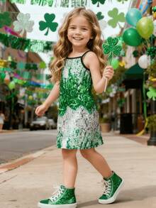4-7 Years Old Girls' Summer Sleeveless Sequin Print Bodycon Dress, Soft Fabric, Party Style, Casual Everyday Wear, St. Patrick's Green - Green - View 2
