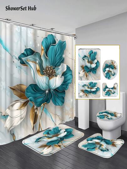 1/3/4pcs Teal Floral & Gold Accent Shower Curtain Bathroom Set,Luxury Marble Texture Waterproof And Wear-Resistant Bathroom Decor And Accessories,With 12 Hooks - Includes Toilet Seat Cover, Bath Mats, And Rugs Polyester Fabric - Washable - Perfect For Holiday Decor,Home/Bedroom/House/Western/Winter Decor