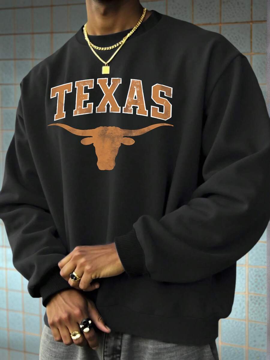 K-GLORY Men's Round Neck Hip Hop Street Chic Retro American Texas Longhorn Print Loose Comfortable Casual Sweatshirt - Black - View 1
