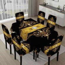 5-Piece/7-Piece Chair Cover And Tablecloth Set - Black And Gold Imperial Luxury Series - Baroque Pearl And Diamond Decorated Tablecloth And Chair Cover Set - Retro Luxury Home Textile Set; Rectangular Table And Chair Decoration, Elastic And Comfortable, Detachable For Washing, Suitable For Home And Party Decoration, Event Planning, Holiday Table Setting, Elegant Decoration, Flower Design, Detachable Cover, Comfortable Fit, Rectangular Tablecloth, Party Planner, Event Planner Elastic Tablecloth Set, Suitable For Dining Room, Living Room, Kitchen, Home Decoration. - 彩色 - 查看 7