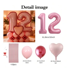 Juego de 43 piezas de columnas con globos con números en rosa, que incluye globos de papel de aluminio con números rosas de 32 pulgadas (81,28 cm), globos de látex redondos de color rosa macaron y rojo metálico, adecuado para decoración de aniversario, cumpleaños, nupcial, boda, graduación, vacaciones, fiesta