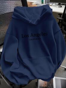 LOVE JOYY Women's Casual Loose Hoodie, Letter Print, Drop Shoulder Long Sleeve With Pocket, Fashion Versatile Pullover Sweatshirt, Suitable For Autumn/Winter Daily Wear, Party, Holiday Events, Blue - Blue - View 2