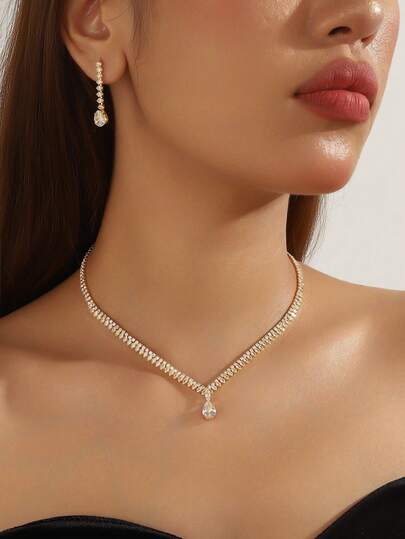 3件套奢华闪亮水晶锆石首饰套装：项链+耳环，女士派对、舞会、婚礼、节日的最佳配饰