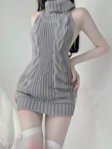 性感内衣女式制服诱惑，可爱新女孩秋冬季展现美丽背影，性感针织高领毛衣内衣套装