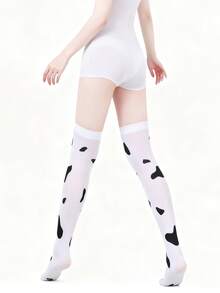 1 Pair - Women's Thigh High Socks, Cow & Sheep Print, Cosplay Stockings, Cute Cow Spot Print Pantyhose, Sexy Cow Spotted Over-The-Knee Socks, Animal Series Thigh High Socks - White - View 5